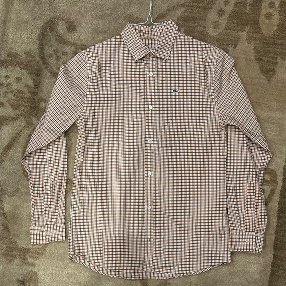 Vineyard vines, orange and blue gingham button-down performance shirt size large